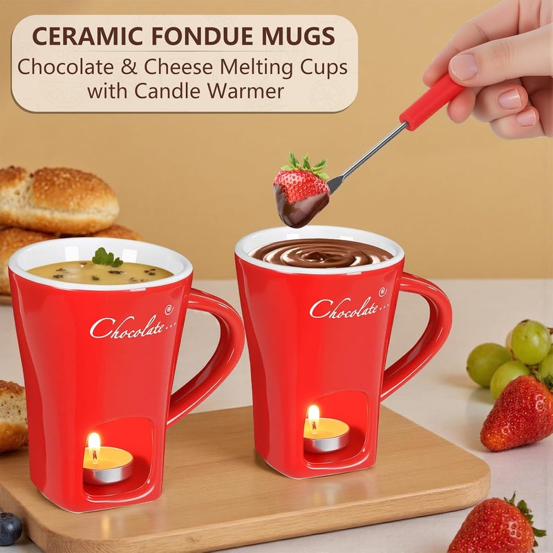 daslich Fondue Pot Cup Set, Chocolate Melting Fondue Mugs with 2 Forks & 4 Tealights, Mini Red Ceramic Fondue Set for Cheese, Marshmallows, Sweet Fondue Cup for Date Night, Party, Wedding, or Holiday Gift - Image 3