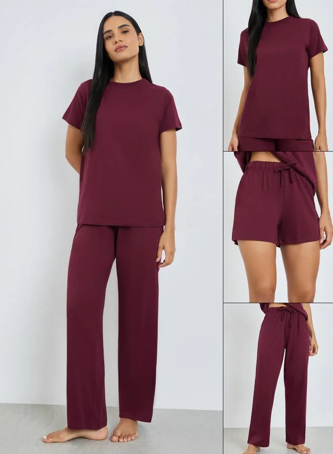 Styli Burgundy Short Sleeve T-Shirt with Shorts and Pyjama Set