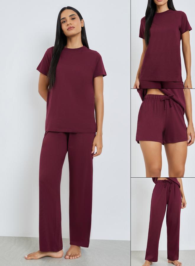 Styli Burgundy Short Sleeve T-Shirt with Shorts and Pyjama Set - Image 1