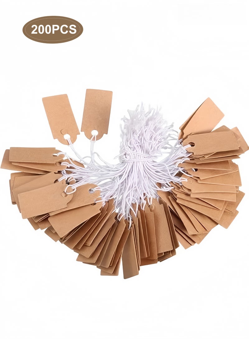 200 قطعة من بطاقات أسعار كرافت صغيرة، بطاقات أسعار كرافت فارغة قابلة للكتابة عليها، بطاقات عرض مع خيط مرن معلق، 1.02 × 0.55 بوصة (بني) - Image 1