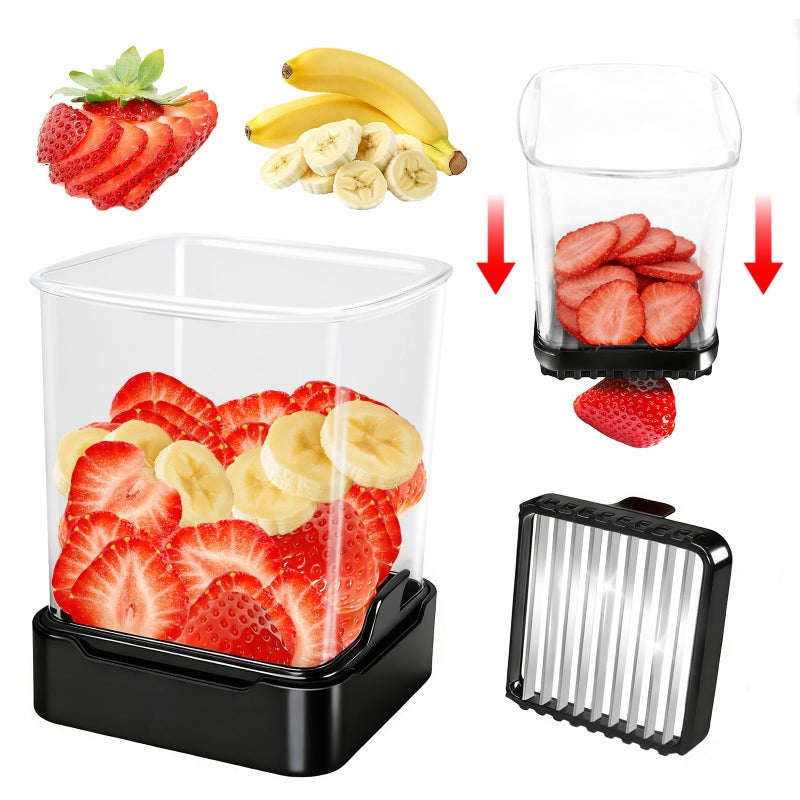 GENGCANG Fruit Slicer Cup for Strawberry, Banana, Hard-Boiled Egg - Detachable Cutter with Push Plate - Rapid & Safe Slicing Kitchen Gadget for Quick Meal Prep (Black) - Image 1