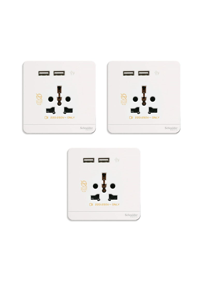 شاحن USB من شنايدر إلكتريك أفاتار أون + مخرجين، 2P، 16A، أبيض (رقم الموديل-E8342616USB_WE) - عبوة من 3