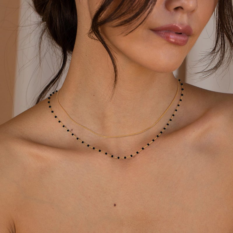 CHESKY Layered Beaded Choker Necklace for Women, Dainty Thin Cuban Chain Beads Necklaces Trendy Handmade Double Layering Small Black Bead Chokers Simple Minimalist Jewelry Gift - Image 2