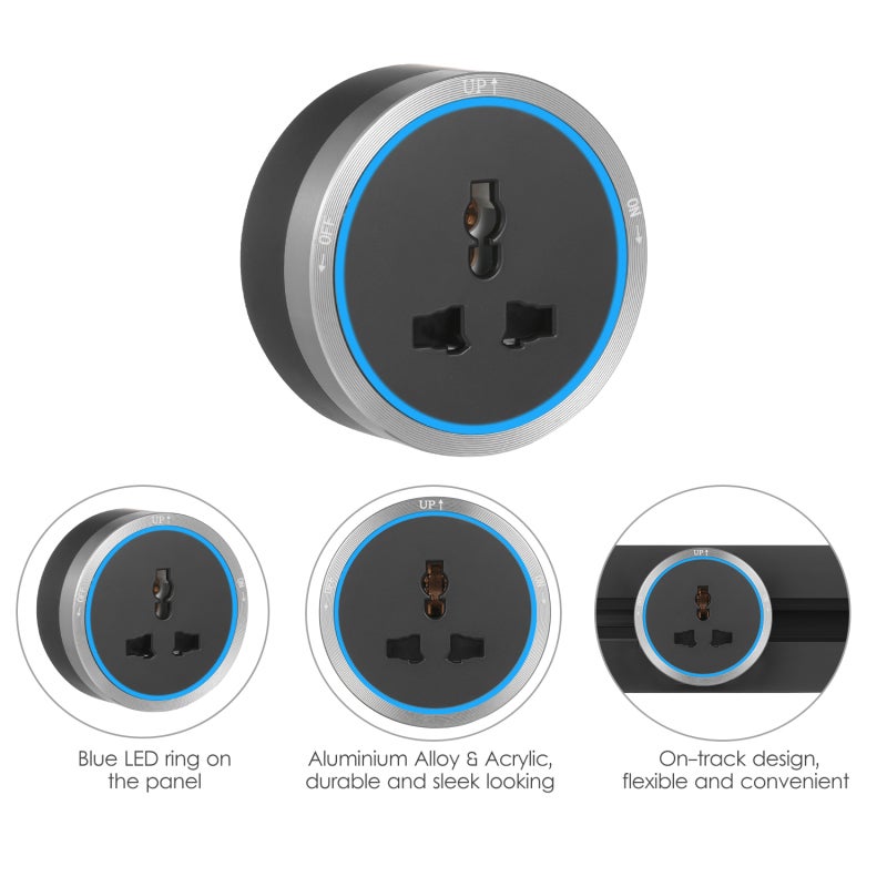 Power Rail Universal Socket: Grey Acrylic Aluminium Alloy Track System With Blue LED Ring - Flexible Slide Easy Install Charging Solution for Office Kitchen Living Room Studio Use - Image 4
