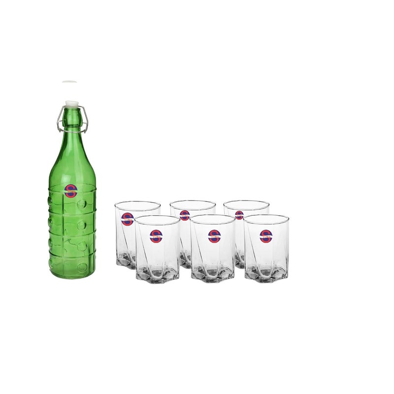 Somil Glass and Bottle Water Other Hot Cold Beverage Serving Set for Home Bar Restaurant 6 Glasses 1 Lt Bottle Green Transparent - Image 1