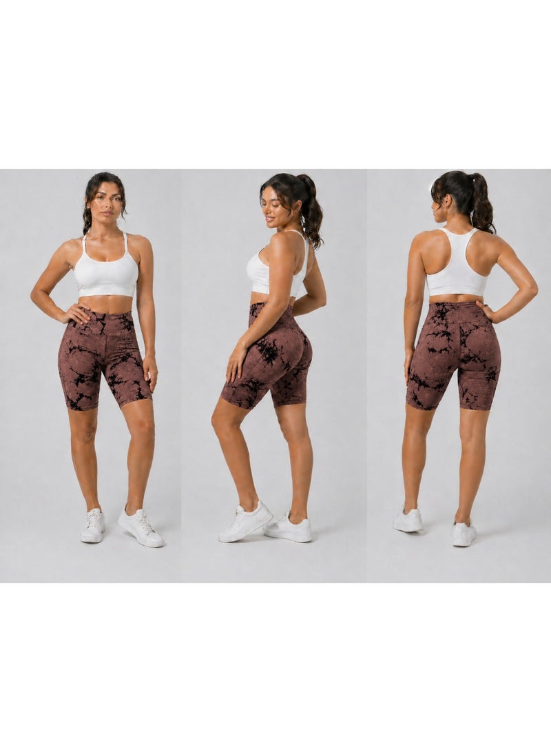Women’s High-Waisted Marble Biker Shorts – Stretchy Gym & Yoga Leggings, Tummy Control, Above Knee Length, Soft Breathable Activewear