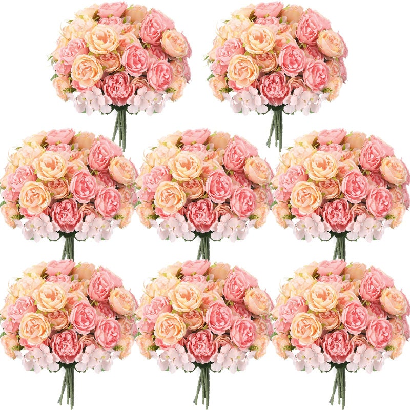 Geosar 8 Bundles Artificial Peonies Flowers Fake Silk Peony Bouquet Faux Peonies Flowers Bulk for Decoration Vase Floral Arrangements Wedding Party Table (Pink,Yellow) - Image 1
