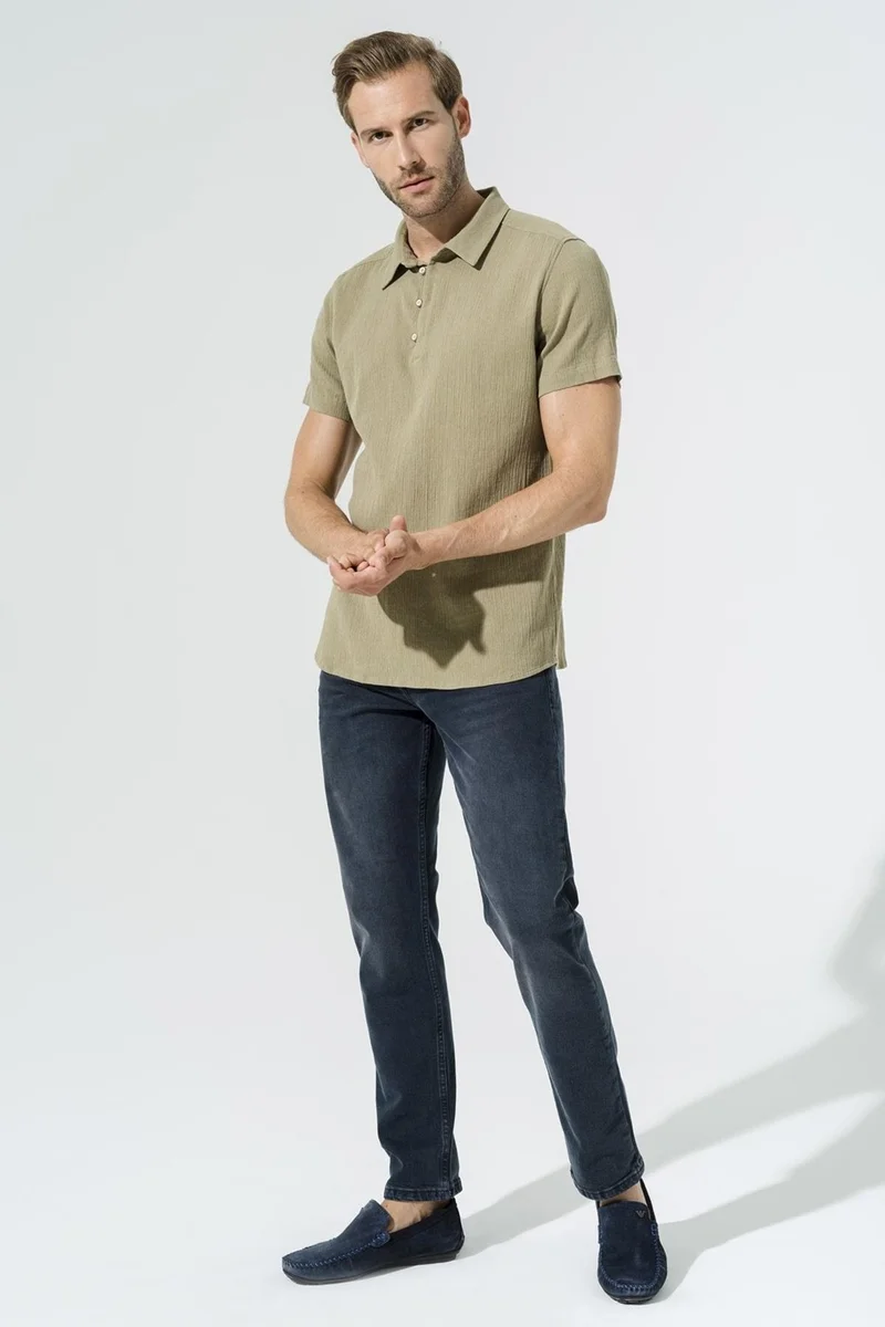 فور يو مان Organic 3 Button Short Sleeve Khaki Shirt