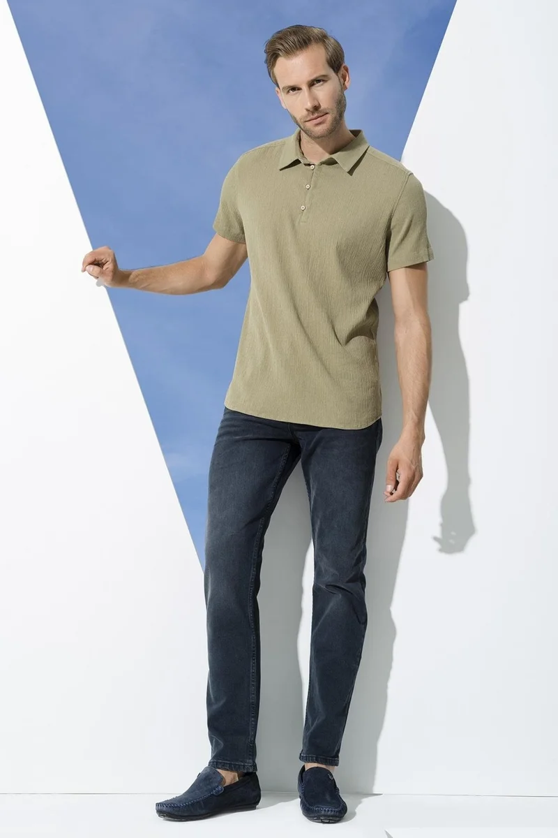 فور يو مان Organic 3 Button Short Sleeve Khaki Shirt