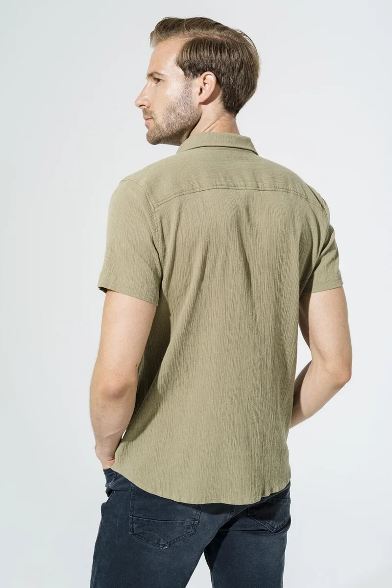 فور يو مان Organic 3 Button Short Sleeve Khaki Shirt