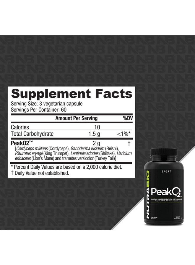 NutraBio PeakO2 Workout Supplement, 180 Capsules - Mushroom Blend Supplement to Help Enhance Athletic Performance and Overall Health, 60 Servings - Image 2
