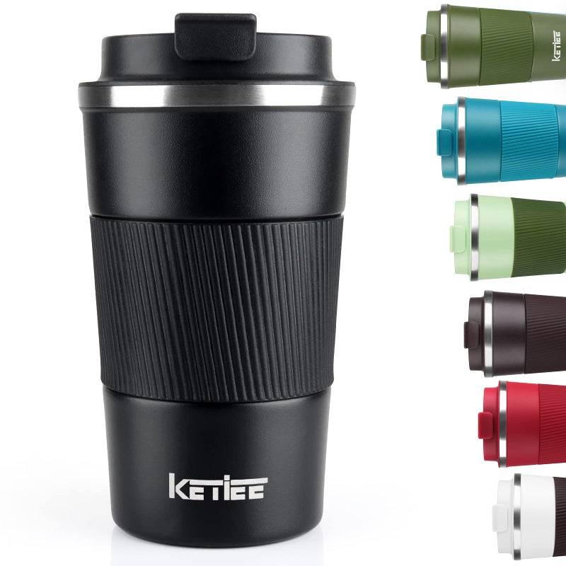 كوب السفر KETIEE سعة 12 أونصة معزول بالفراغ مع غطاء مانع للتسرب كوب قهوة سفر من الفولاذ المقاوم للصدأ مزدوج الجدران قابل لإعادة الاستخدام للقهوة الساخنة والباردة والشاي والماء باللون الأسود