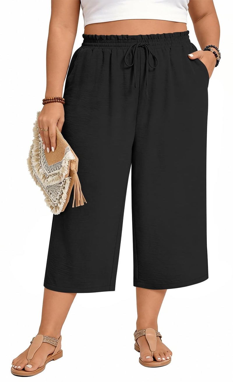 Anyhold Womens Plus Size Capri Pants Loose High Waisted Wide Leg Lounge Pants Drawstring Casual Palazzo Trousers with Pockets 4X-Large, Black - Image 2