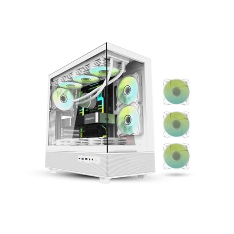 حافظة كمبيوتر ألعاب لـ ATX/M-ATX/M-ITX، زجاج مقسى، أبيض، تصميم بانورامي 270 بدون عمود مع 3 مراوح ARGB، دعم المبرد 360 مم، USB Type-C - Image 1