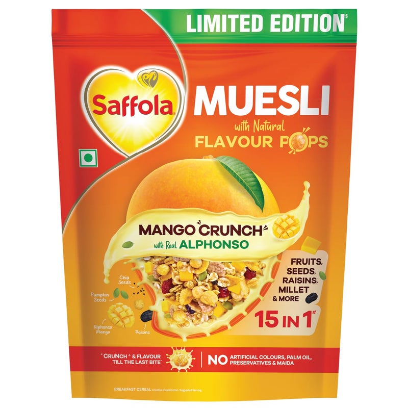 Saffola Muesli Mango Crunch, with Real Alphonso Mango 400g | Limited Edition, with crunchy Flavour Pops | Breakfast Cereal - Image 1