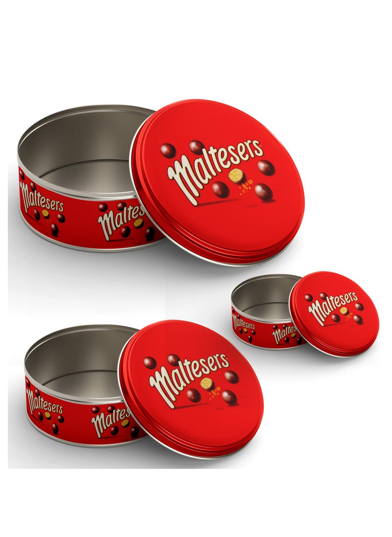 Plan A - Set of Metal Cake Chocolate Biscuit Food Storage Box Round Boxes Different Sizes Easy to Carry and Store Stackable Biscuit Food Storage Boxes (Maltesers) - Image 1