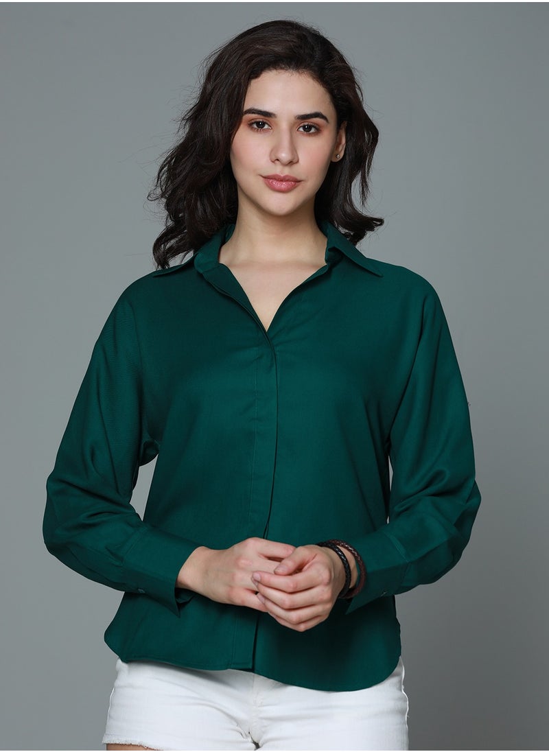 HIGH STAR Green Boxy Fit Casual Shirt for Women, Spread Collar, Long Sleeves, Rayon Fabric  - Image 1