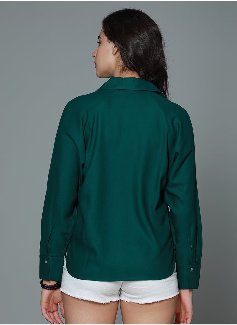 HIGH STAR Green Boxy Fit Casual Shirt for Women, Spread Collar, Long Sleeves, Rayon Fabric  - Image 2