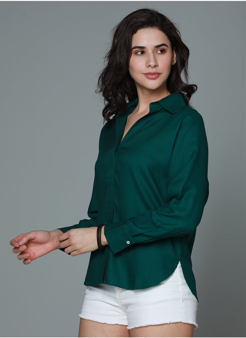 HIGH STAR Green Boxy Fit Casual Shirt for Women, Spread Collar, Long Sleeves, Rayon Fabric  - Image 3