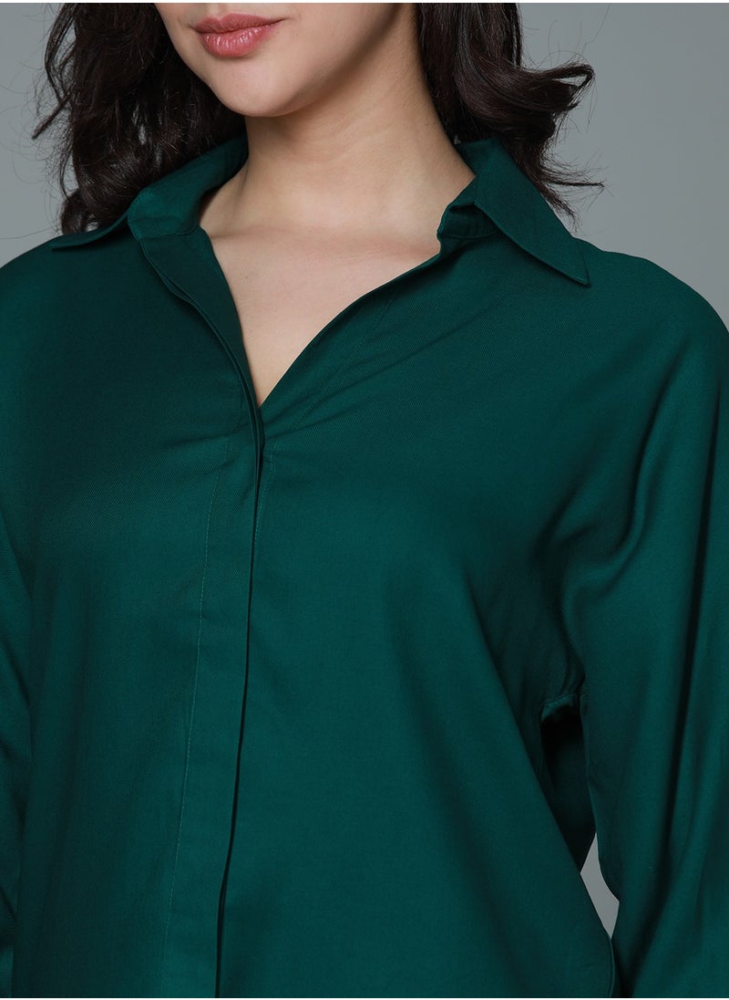 HIGH STAR Green Boxy Fit Casual Shirt for Women, Spread Collar, Long Sleeves, Rayon Fabric  - Image 5