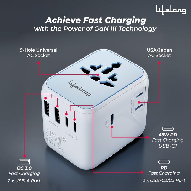 Lifelong Electronics 2500W Universal Travel Adapter All in One | 3 Type-C 45W PD & 2 USB-A 18W QC 3.0 | Dual Fuse Protection | 180+ Countries - Europe/US/Asia etc | International Socket - Image 2