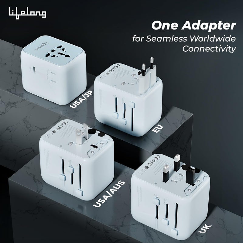 Lifelong Electronics 2500W Universal Travel Adapter All in One | 3 Type-C 45W PD & 2 USB-A 18W QC 3.0 | Dual Fuse Protection | 180+ Countries - Europe/US/Asia etc | International Socket - Image 3