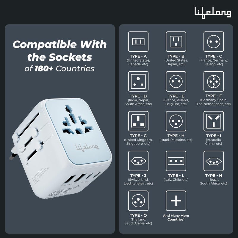 Lifelong Electronics 2500W Universal Travel Adapter All in One | 3 Type-C 45W PD & 2 USB-A 18W QC 3.0 | Dual Fuse Protection | 180+ Countries - Europe/US/Asia etc | International Socket - Image 5