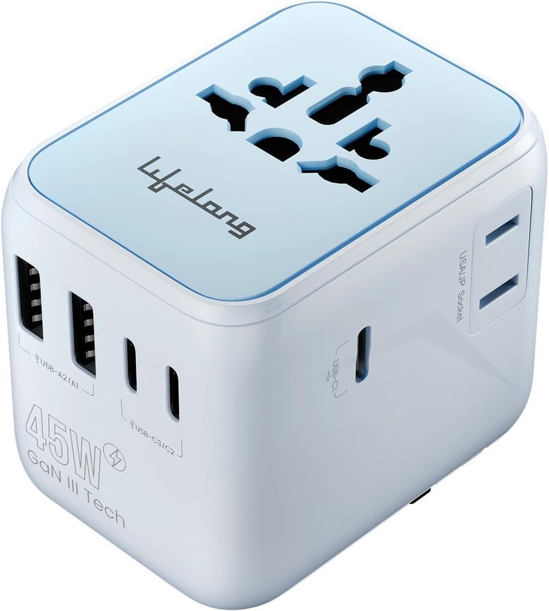 Lifelong Electronics 2500W Universal Travel Adapter All in One | 3 Type-C 45W PD & 2 USB-A 18W QC 3.0 | Dual Fuse Protection | 180+ Countries - Europe/US/Asia etc | International Socket - Image 1