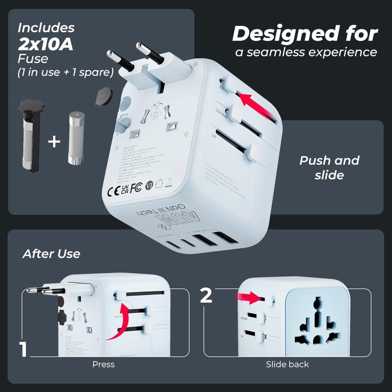 Lifelong Electronics 2500W Universal Travel Adapter All in One | 3 Type-C 45W PD & 2 USB-A 18W QC 3.0 | Dual Fuse Protection | 180+ Countries - Europe/US/Asia etc | International Socket - Image 4