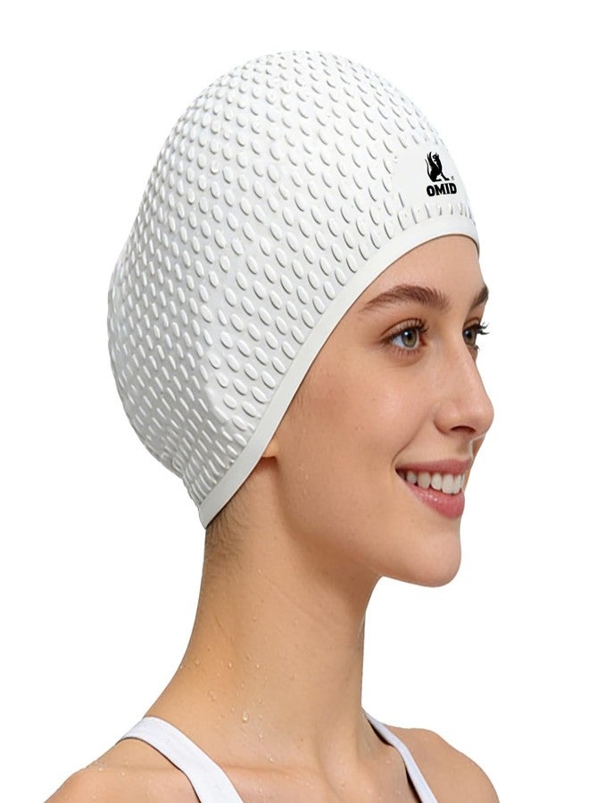 OMID Swim Cap Women Adult, Silicone Comfortable Waterproof Swimming Cap for Long Hair, Pool Beach Training (White) - Image 1