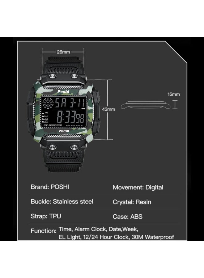 POSHI watch sports electronic watch student camouflage outdoor multi-function alarm luminous digital watch - Image 2