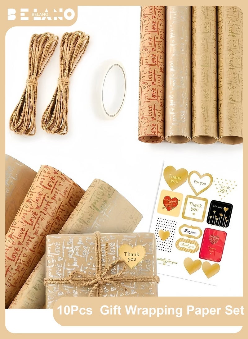 BELANO Gift Wrapping Paper Sheets Set, Kraft Gift Wrap with Ribbon and Tape, Present Packaging Kit for Birthday and Holiday Mixed Designs 10 Pieces - Image 1