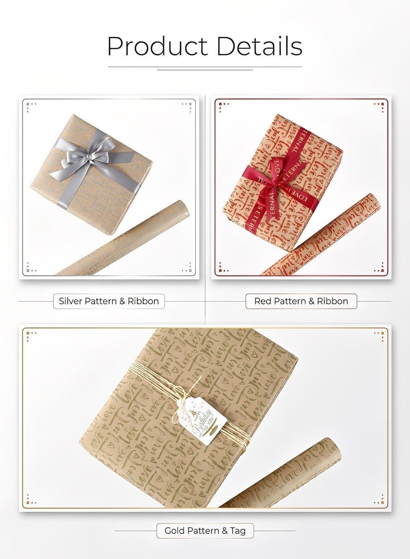 BELANO Gift Wrapping Paper Sheets Set, Kraft Gift Wrap with Ribbon and Tape, Present Packaging Kit for Birthday and Holiday Mixed Designs 10 Pieces - Image 4