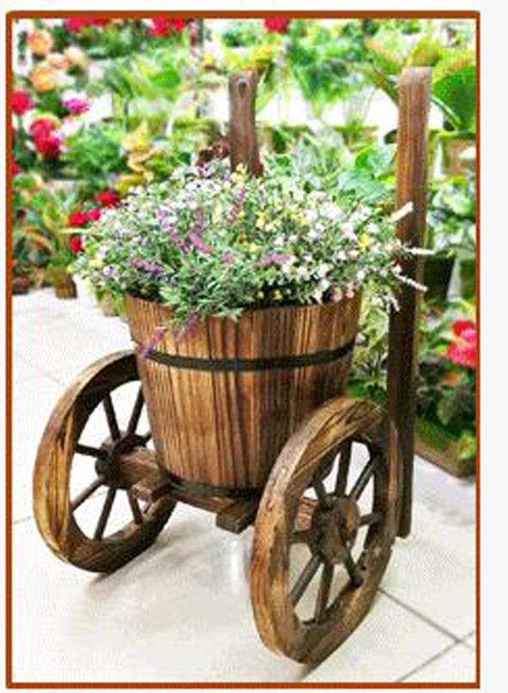 LINGWEI Creative Trolley Design Wooden Garden Flower Pots Container Vase Bucket Plant Decorative Pots Planter - Image 2