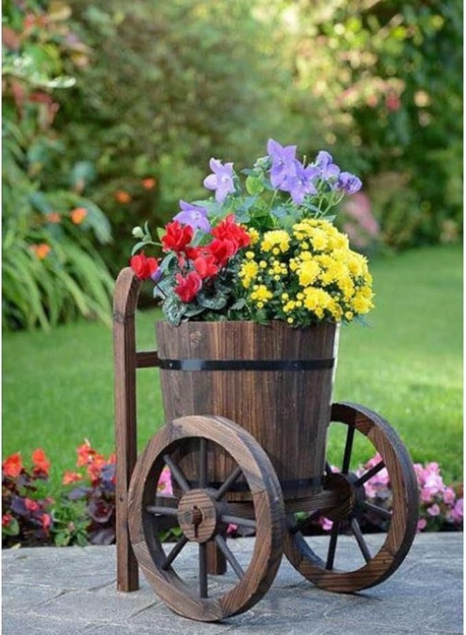 LINGWEI Creative Trolley Design Wooden Garden Flower Pots Container Vase Bucket Plant Decorative Pots Planter - Image 4