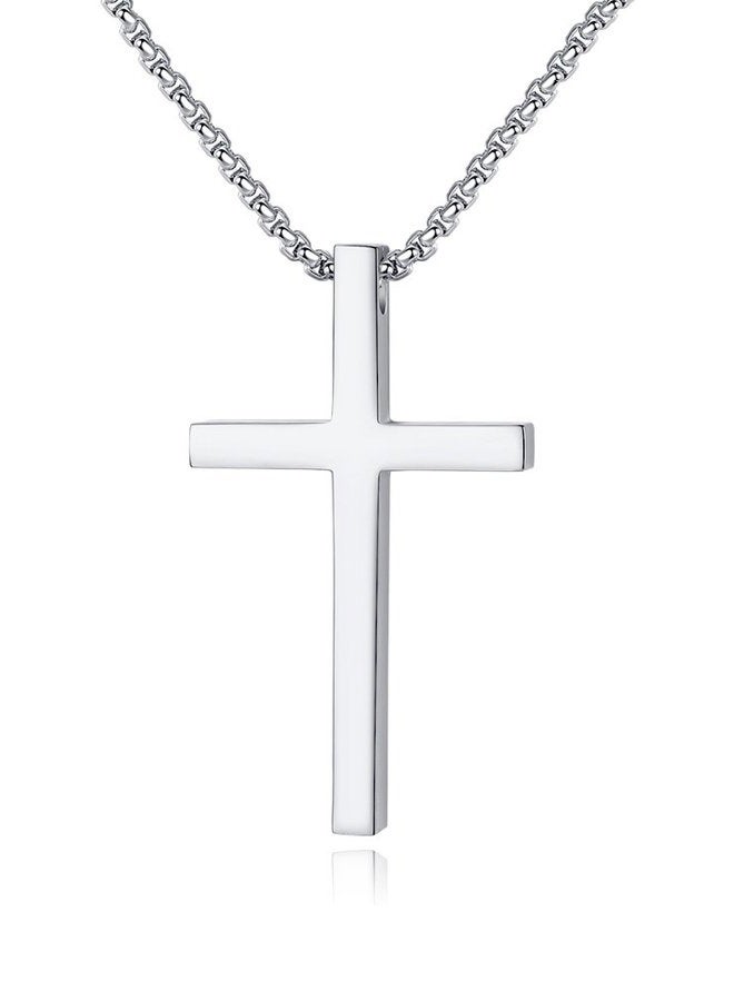 REVEMCN Reve Simple Stainless Steel Silver Tone Cross Pendant Chain Necklace for Men Women, 20??-22?? (Men:1.71.02'' Pendant+22'' Rolo Chain) - Image 1