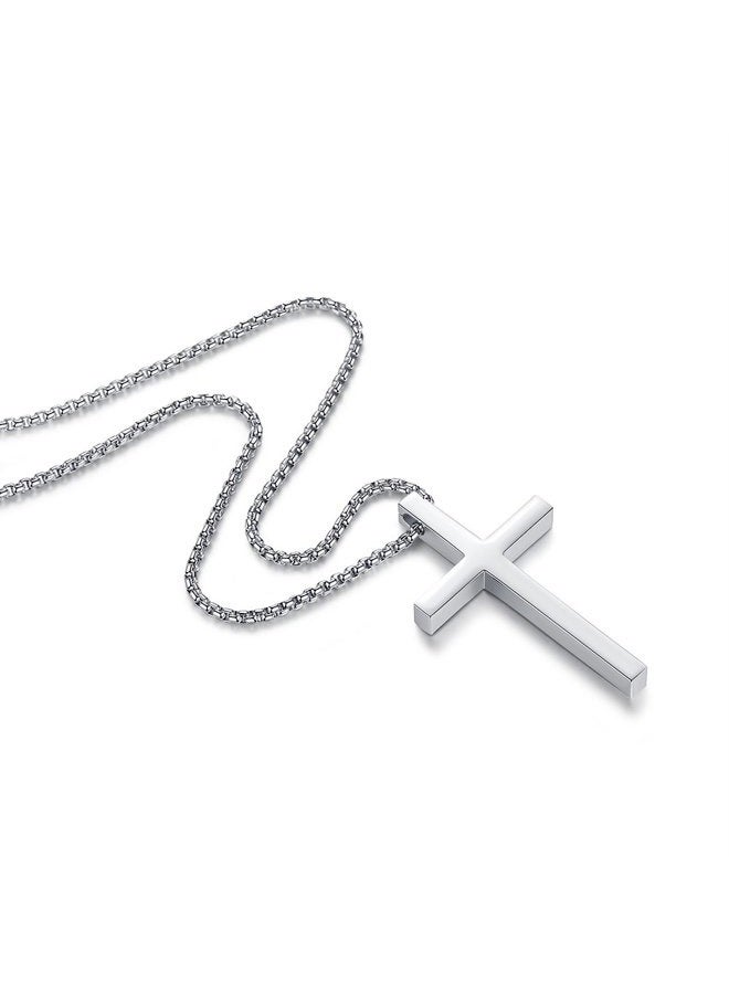 REVEMCN Reve Simple Stainless Steel Silver Tone Cross Pendant Chain Necklace for Men Women, 20??-22?? (Men:1.71.02'' Pendant+22'' Rolo Chain) - Image 2