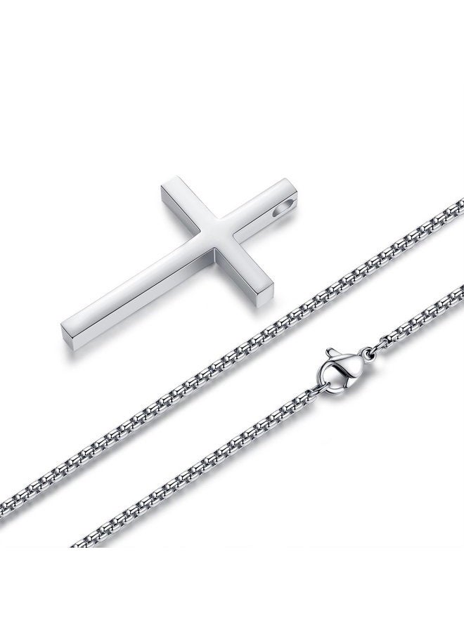REVEMCN Reve Simple Stainless Steel Silver Tone Cross Pendant Chain Necklace for Men Women, 20??-22?? (Men:1.71.02'' Pendant+22'' Rolo Chain) - Image 3