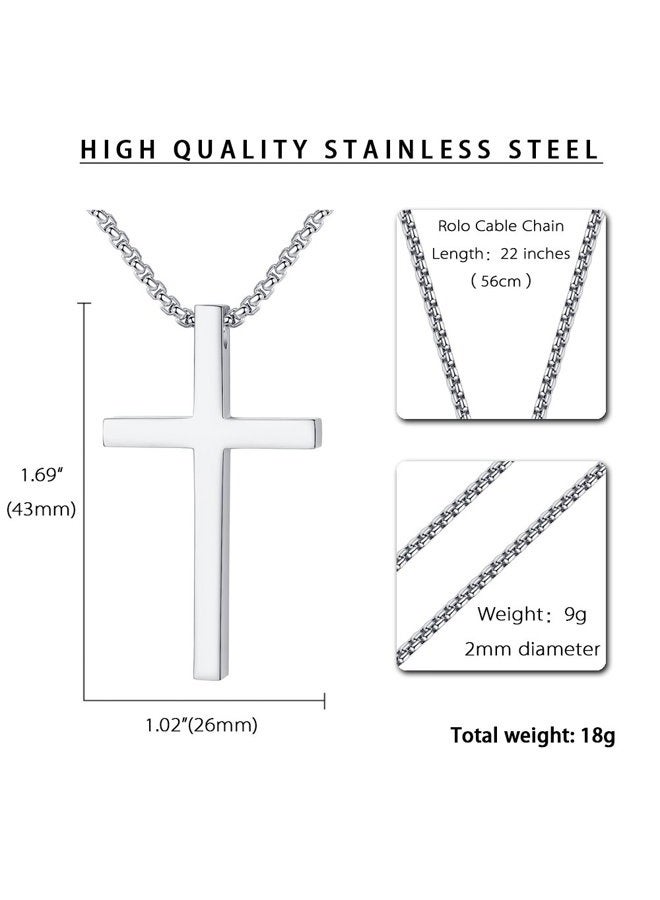 REVEMCN Reve Simple Stainless Steel Silver Tone Cross Pendant Chain Necklace for Men Women, 20??-22?? (Men:1.71.02'' Pendant+22'' Rolo Chain) - Image 4