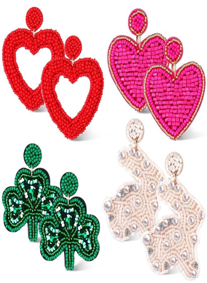 Hotop 4 Pairs Valentine's Day Beaded Drop Earrings Heart Hoop Dangle Earrings Bohemia Danglers Studs for Women(Assorted Styles) - Image 1