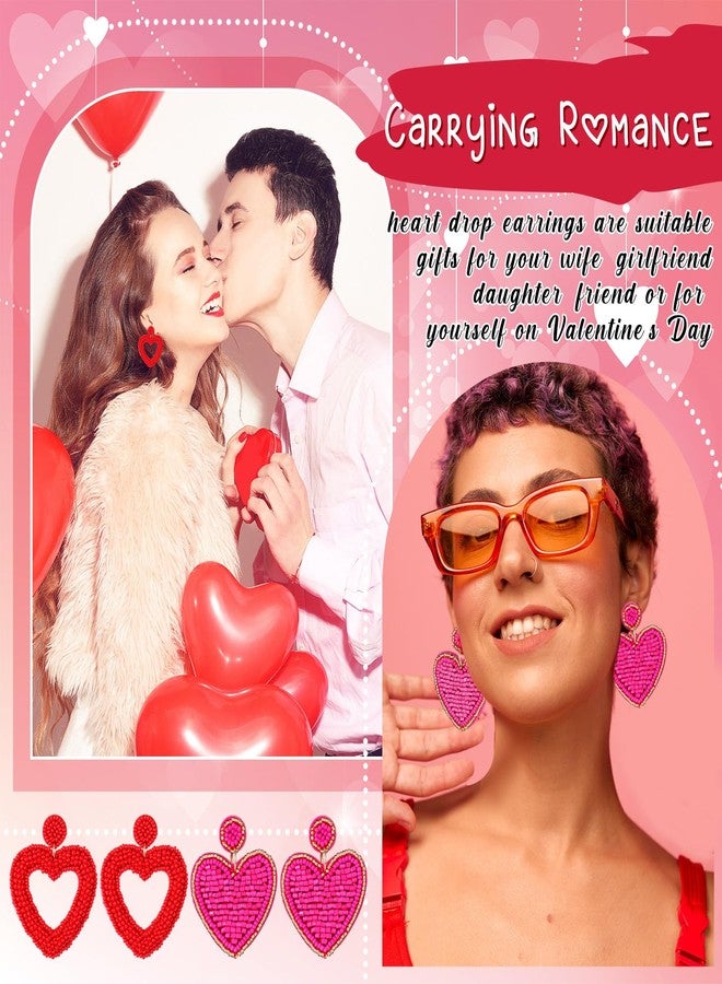 Hotop 4 Pairs Valentine's Day Beaded Drop Earrings Heart Hoop Dangle Earrings Bohemia Danglers Studs for Women(Assorted Styles) - Image 4