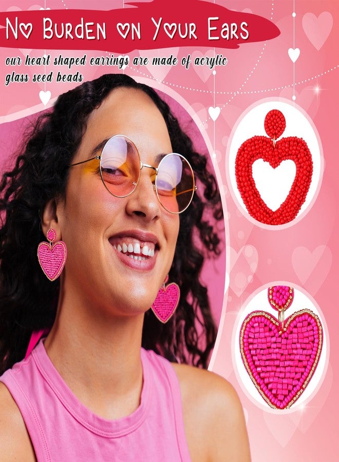 Hotop 4 Pairs Valentine's Day Beaded Drop Earrings Heart Hoop Dangle Earrings Bohemia Danglers Studs for Women(Assorted Styles) - Image 3