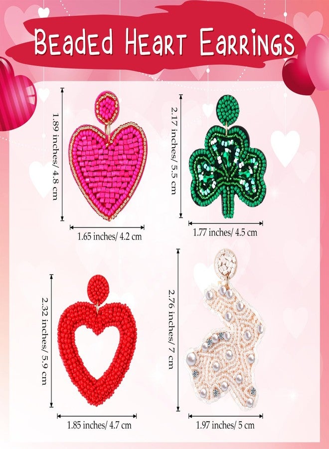 Hotop 4 Pairs Valentine's Day Beaded Drop Earrings Heart Hoop Dangle Earrings Bohemia Danglers Studs for Women(Assorted Styles) - Image 2