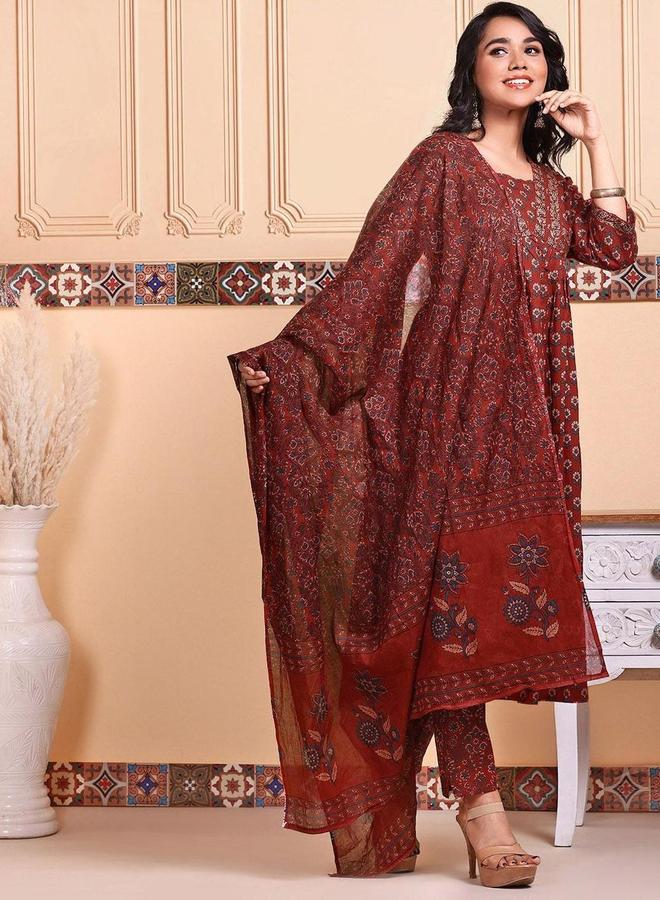 آي شين طقم كورتا قطنية بطبعة زهور مع بنطلون وشال إيشين - Image 4