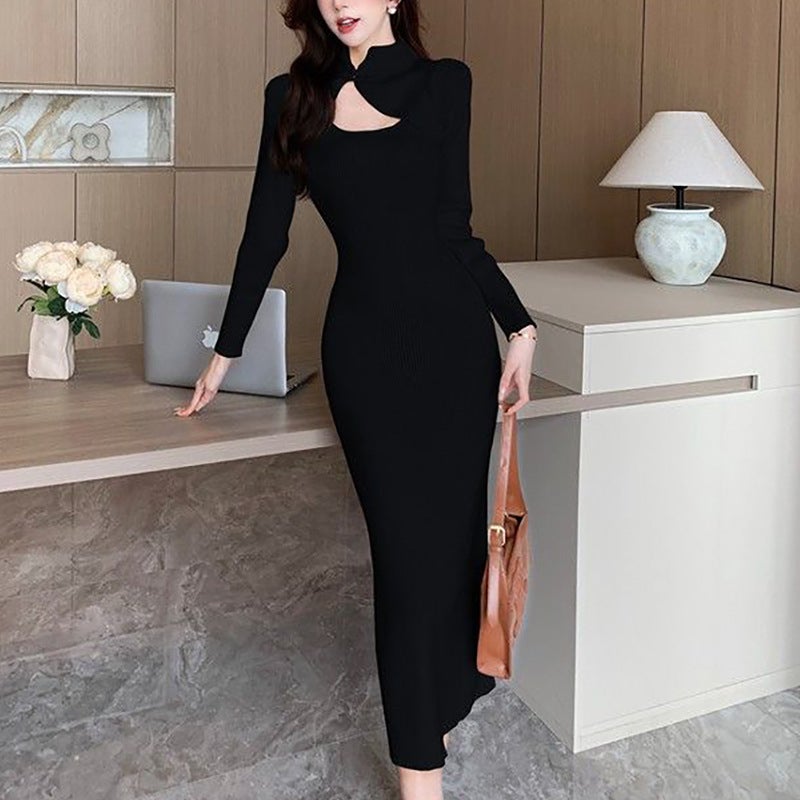 New Chinese Style National Style Retro Vertical Collar Improved Daily Cheongsam Hollow-out Buckle dress Slim-fit Waist-wrapped Hip Long Dress Black - Image 1