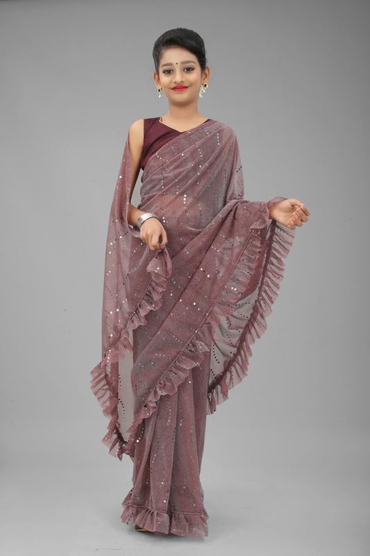 Xavima Kids Fancy Jari Tikli Work Ready to Wear Saree With Unstitched Blouse Piece- Lovendar_Size : 8-9 Y - Image 4