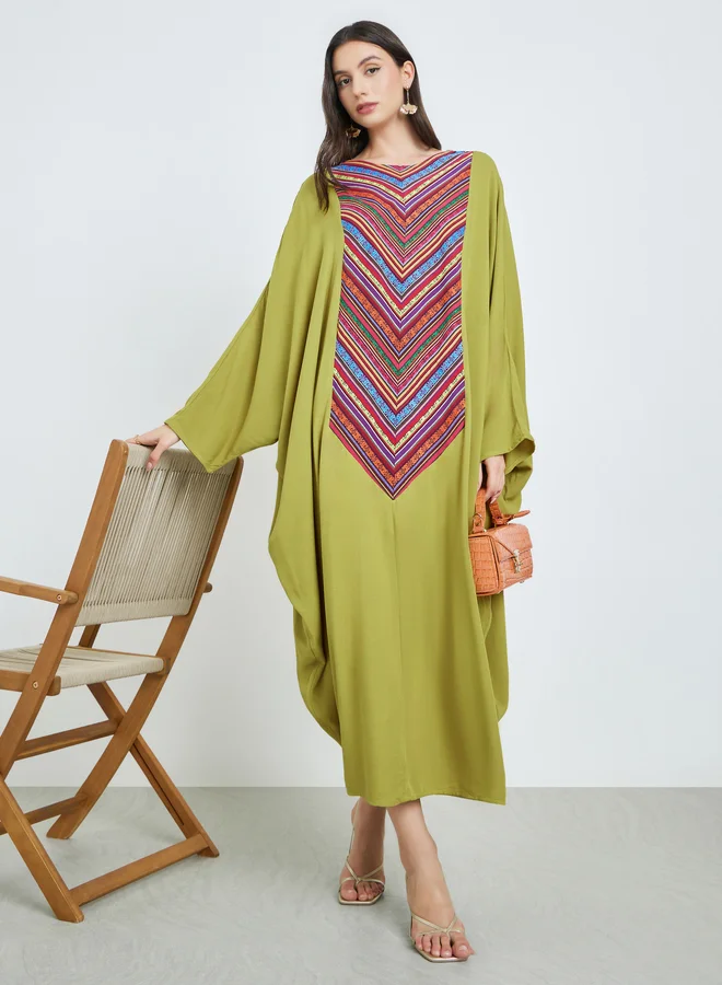 تايك تو Green Batwing Sleeves Patterned Kaftan