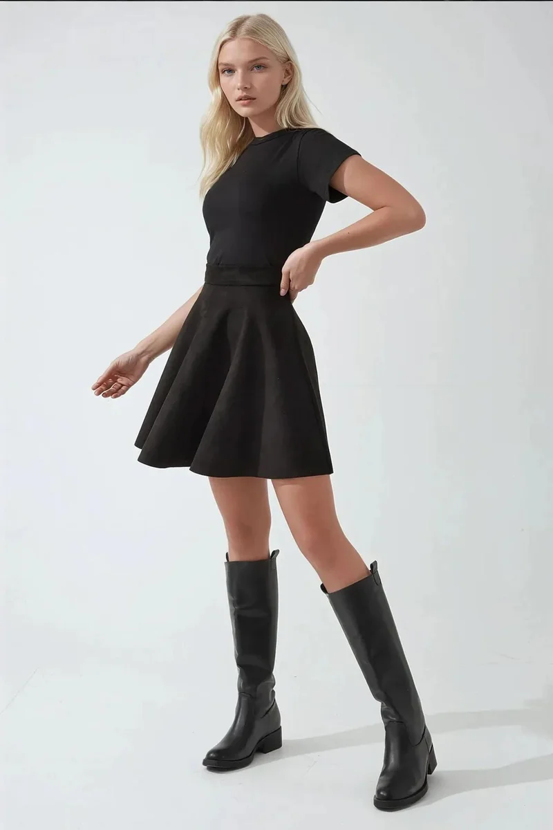 Hiccup Black Elegant High Waist Suede Mini Skirt for Women | Best Price UAE