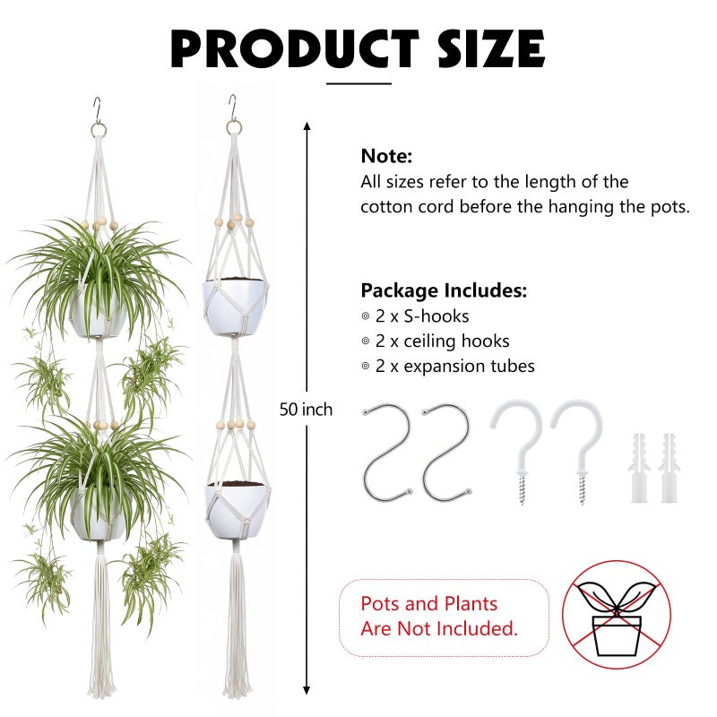 Dntorx Macrame Plant Hanger, 2 Pack 50 Inch Hanging Plant Holder Indoor Outdoor Hanging Planter Basket with Hooks for Living Rooms, Balcony, Hallway, Kitchen, or Office - Image 2