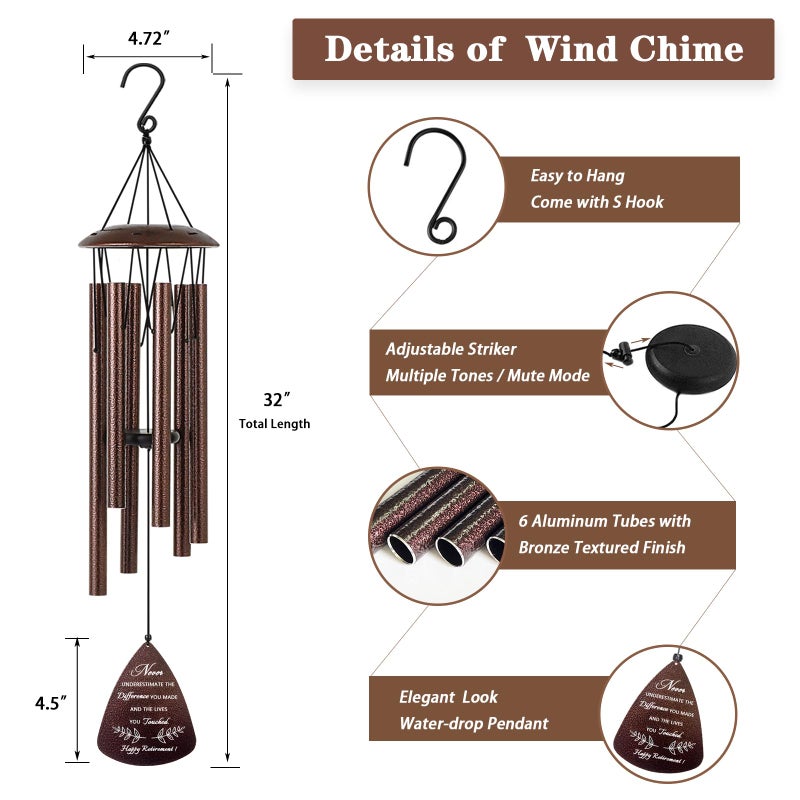 Soopau Retirement Gift for Woman Men, 32" Wind Chimes Retirement Gifts, Happy Retirement Gifts for Coworker Colleague Boss Teachers Nurses Friends, Going Away Gifts Retirement Decorations - Image 4